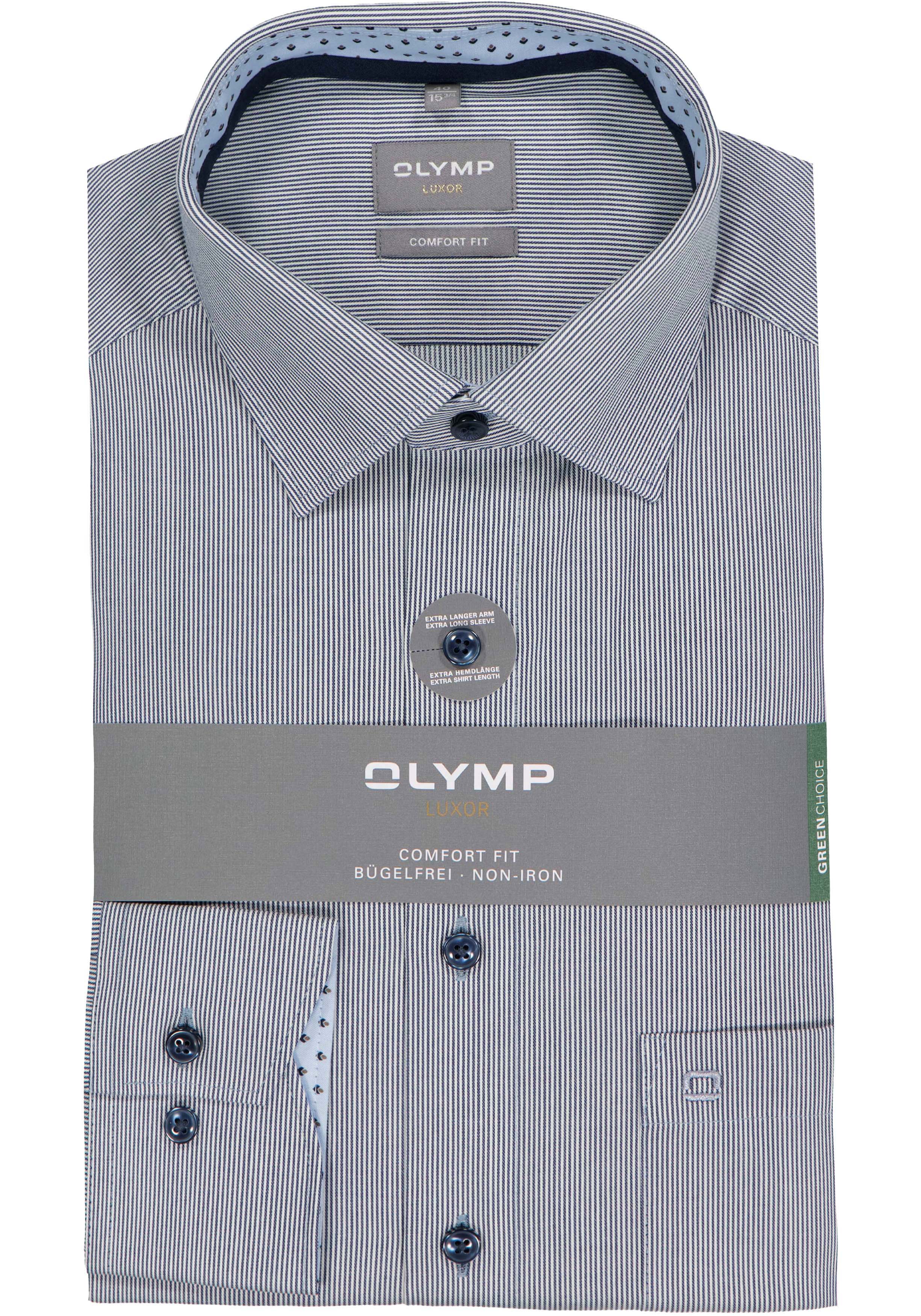 OLYMP Luxor comfort fit overhemd, mouwlengte 7, twill, marine blauw met wit fijn gestreept